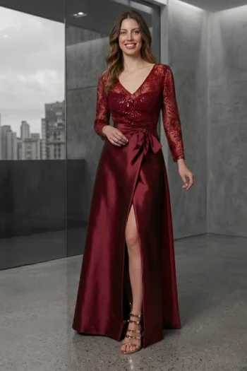 Woman wearing a burgundy lace‑beaded gown with a high slit, standing in a modern concrete room.