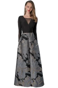 Vestido largo negro para mamá del novio con cuerpo en licra y falda línea A en jacquard