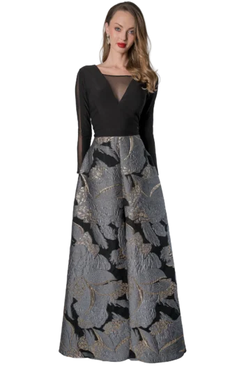 Vestido largo negro para mamá del novio con cuerpo en licra y falda línea A en jacquard