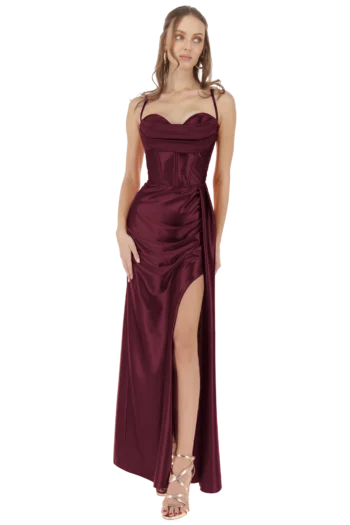 vestido-largo-graduacion-terracota-satinado-bustier-escote-columpio-abertura-drapeada-massima