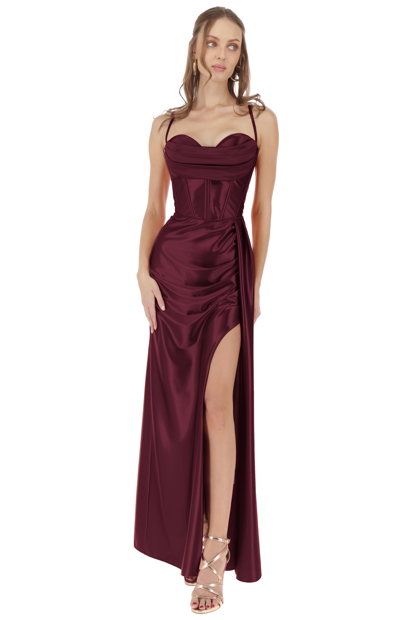 vestido-largo-graduacion-terracota-satinado-bustier-escote-columpio-abertura-drapeada-massima