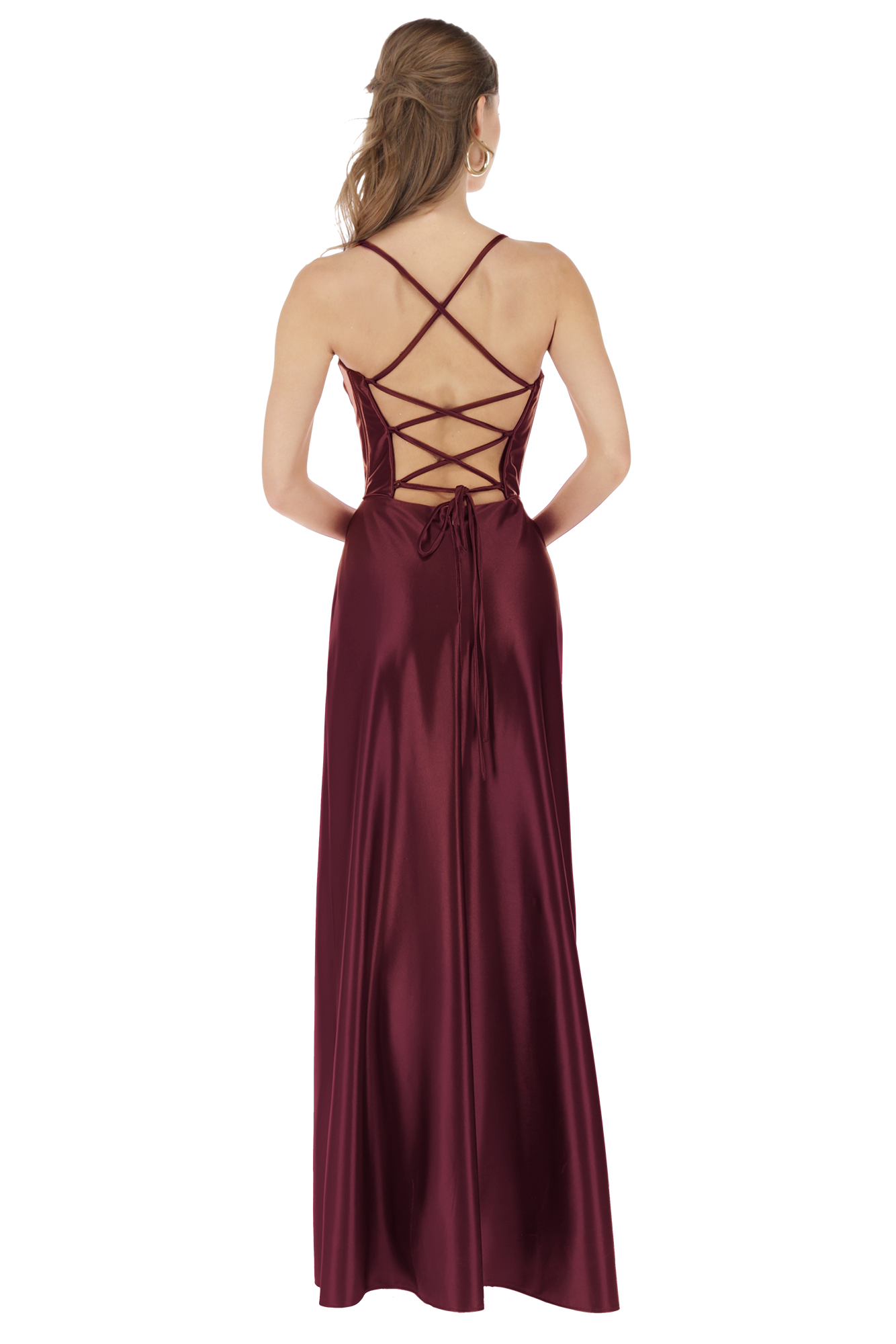 Back view of a woman in a burgundy satin gown with a crisscross lace-up back.