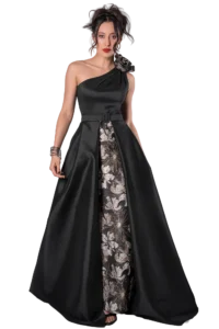 Vestido de Gala Escote Asimétrico con un tirante ancho adornado por una flor artesanal y una falda tubo estampada con sobrefalda lisa