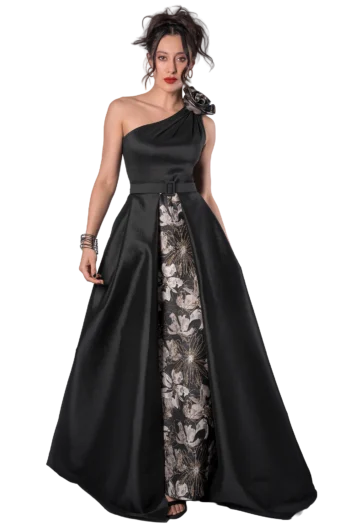 Vestido de Gala Escote Asimétrico con un tirante ancho adornado por una flor artesanal y una falda tubo estampada con sobrefalda lisa