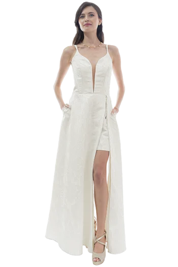 Vestido de novia civil color hueso en jacquard floral, escote cisne con transparencia, doble tirante, falda envolvente maxi con minifalda interior y moño en espalda descubierta, Massima colección otoño-invierno, vista frontal