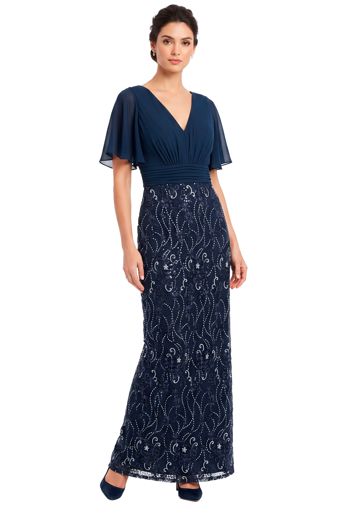Woman wearing a navy blue evening gown with a V-neck bodice, flutter sleeves, and a lace-patterned floor-length skirt, standing against a neutral background.