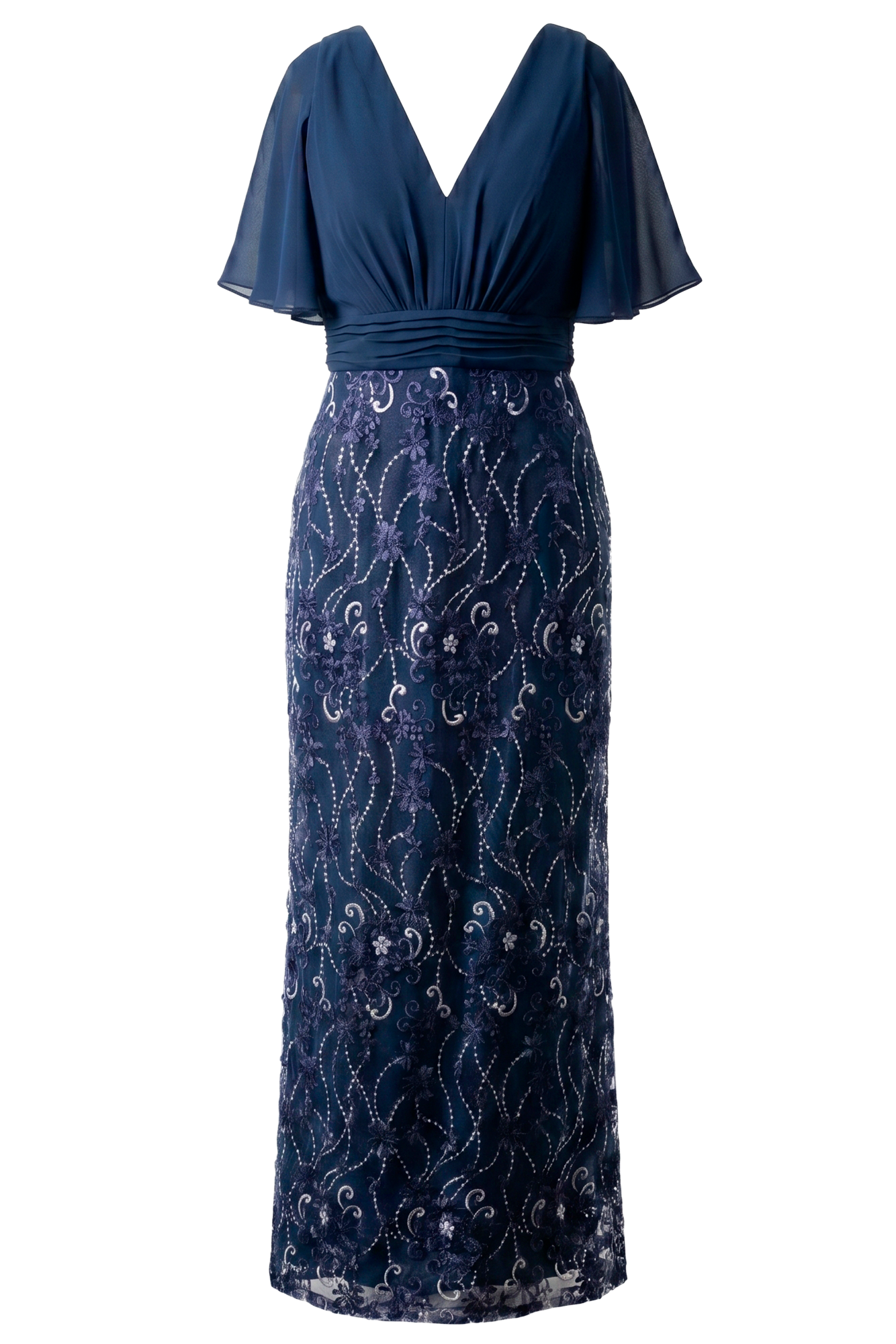 Navy blue floor-length gown with sheer flutter sleeves, a ruched waist, and intricate lace embroidery along the skirt.