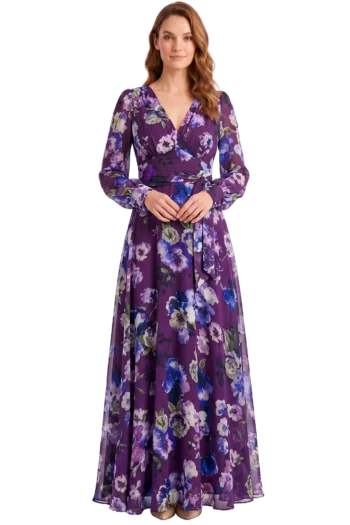 Full-length woman in a purple floral wrap dress, hands clasped, facing the camera.
