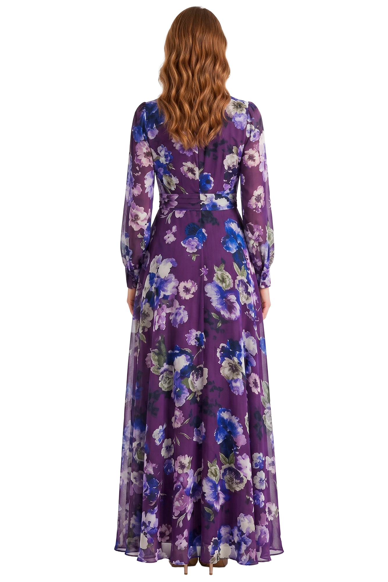 Back view of a person wearing a long purple floral dress with sheer sleeves and wavy auburn hair cascading down the back