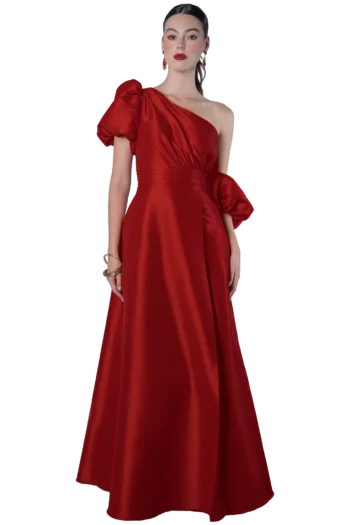 Vestido Largo Rojo Intenso Gala Manga Globo Asimétrica con tafetán stretch
