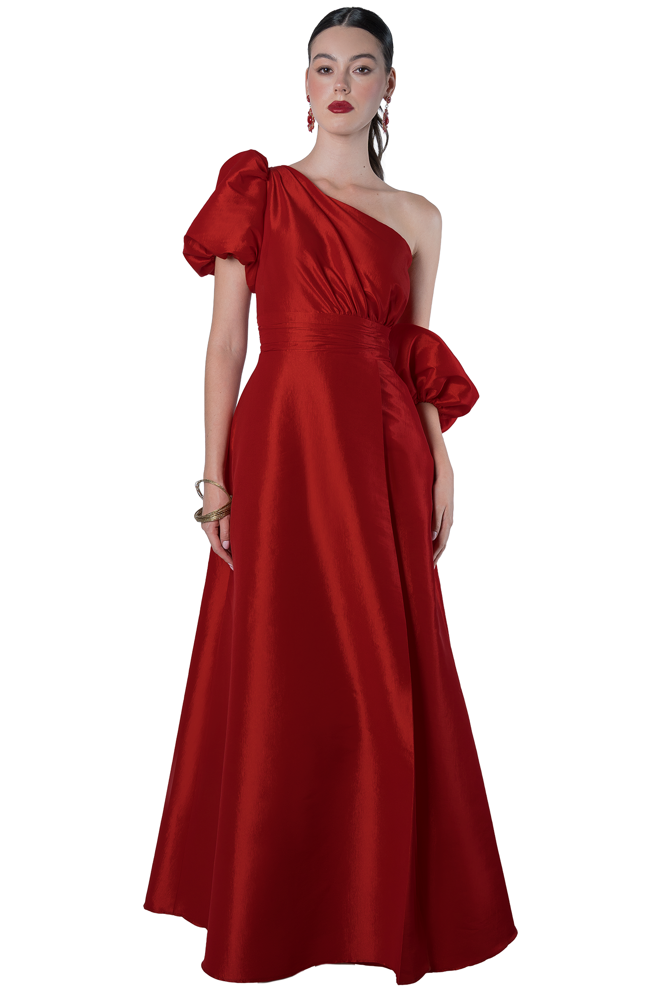 Vestido Largo Rojo Intenso Gala Manga Globo Asimétrica con tafetán stretch