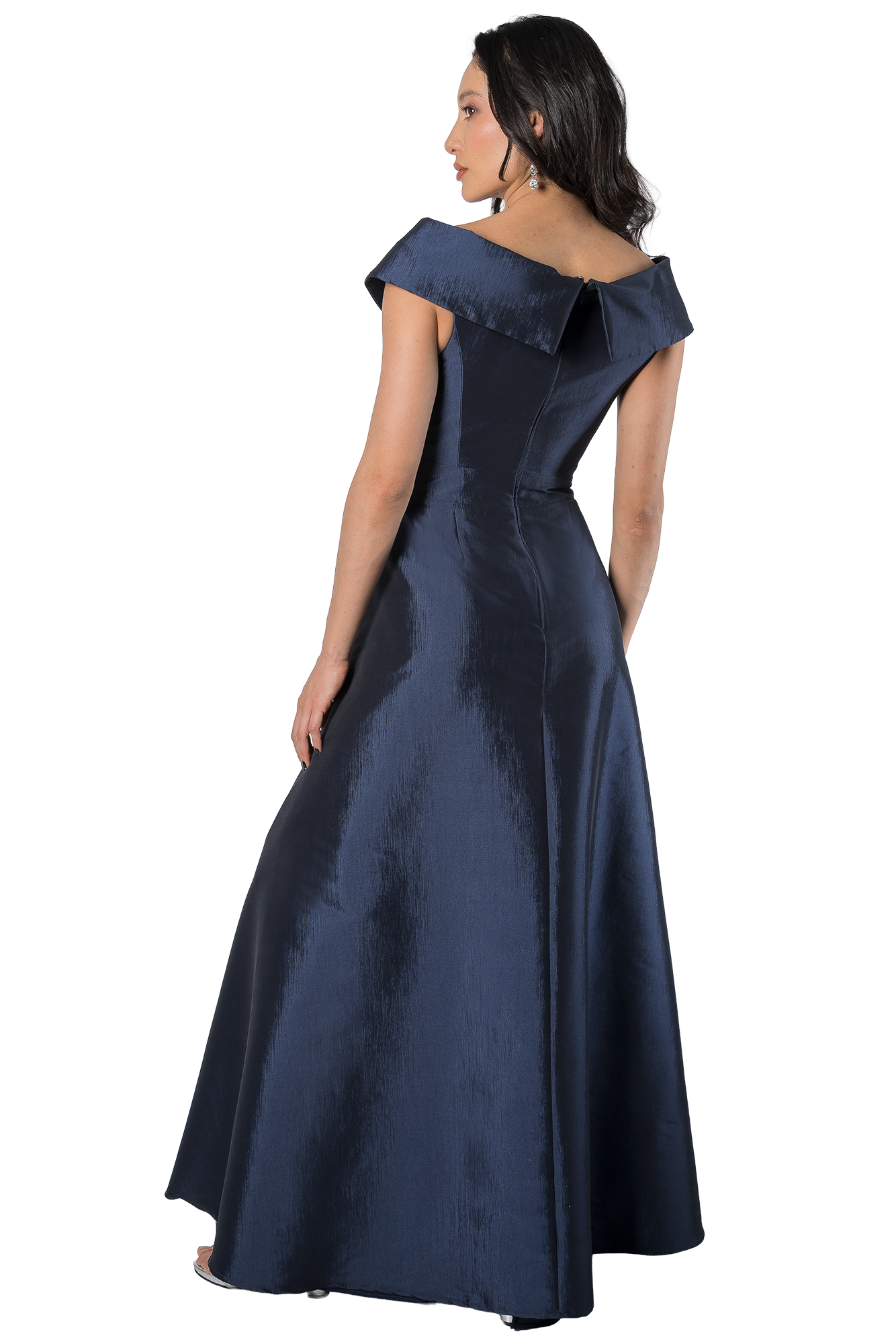 Back-and-side view of a woman in a navy satin off-shoulder evening gown with a flared skirt.