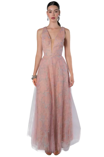Vestido maxi en nude con cuerpo de tul glitter semitransparente y detalle de flores en relieve