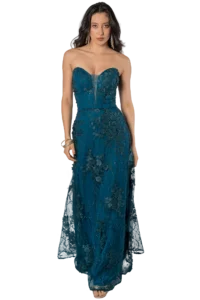 Maxi vestido de graduación strapless en tul 3D color petróleo con flores en relieve sobre fondo con brillos