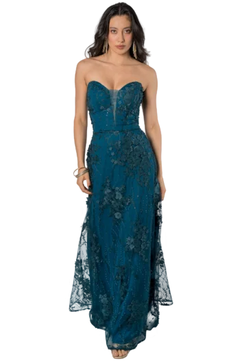 Maxi vestido de graduación strapless en tul 3D color petróleo con flores en relieve sobre fondo con brillos