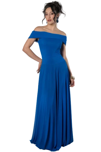 Vestido Largo Fiesta Azul Rey Bardot Drapeado Dama de Honor en mesh con elastano que se adapta al cuerpo