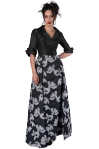vestido largo para mamá del novio en dupioni metalizado con escote cruzado y solapa tipo chal