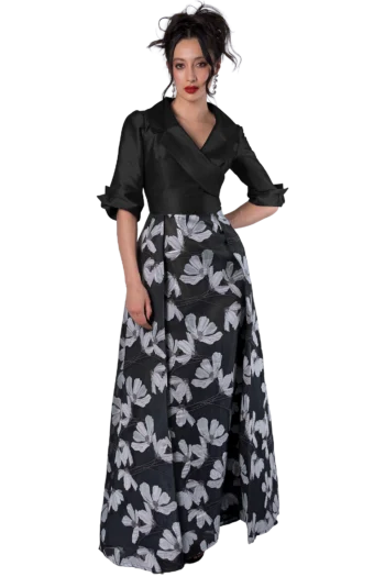 vestido largo para mamá del novio en dupioni metalizado con escote cruzado y solapa tipo chal
