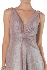 Woman wearing a pink metallic glitter gown with a deep V-neck and twisted waist detail, close up of the torso.