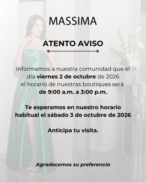 ¡𝗔𝘁𝗲𝗻𝘁𝗼 𝗮𝘃𝗶𝘀𝗼 𝗮 𝗻𝘂𝗲𝘀𝘁𝗿𝗮 𝗰𝗼𝗺𝘂𝗻𝗶𝗱𝗮𝗱 𝗠𝗮𝘀𝘀𝗶𝗺𝗮ⵑ
Viernes 2 de octubre: El horario de nuestras sucursales será de 9:00 a 15:00 hrs.¡Reanudamos nuestro horario habitual el sábado 3 de octubre! ✨📍 Av. 20 de Noviembre • República de Chile • Izazaga • Outlet Pino Suárez