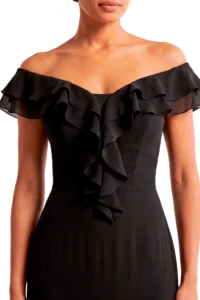 Torso of a person wearing a black off-the-shoulder dress with multiple layered ruffles at the neckline and sleeves reduced to shoulders visible only.