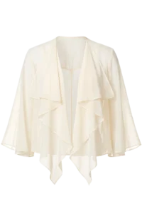 Cream ivory, open-front blouse with cascading ruffle panels down the front.
