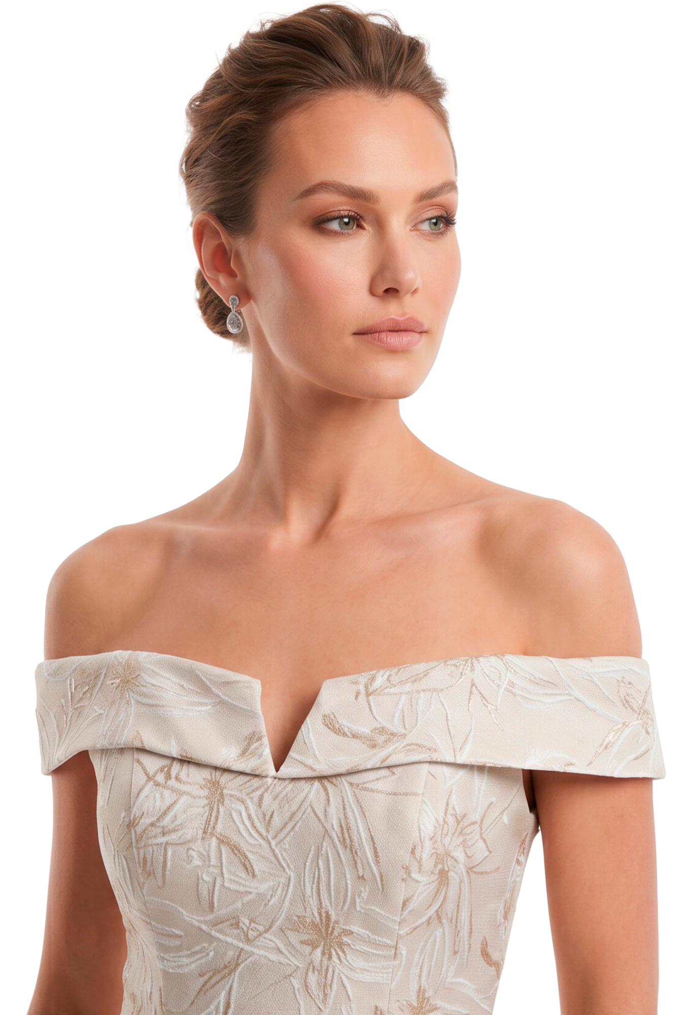 Portrait of a woman with an updo hairstyle, wearing a cream off-shoulder embroidered dress and dangling earrings, looking to the side.