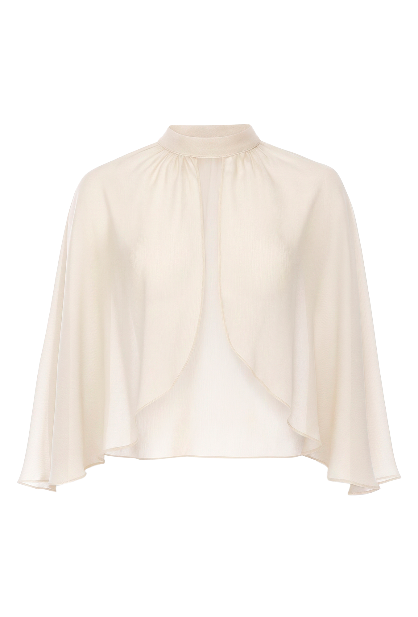 Cream blouse with a high neckline and flowing, draped front panels and ruffled sleeves
