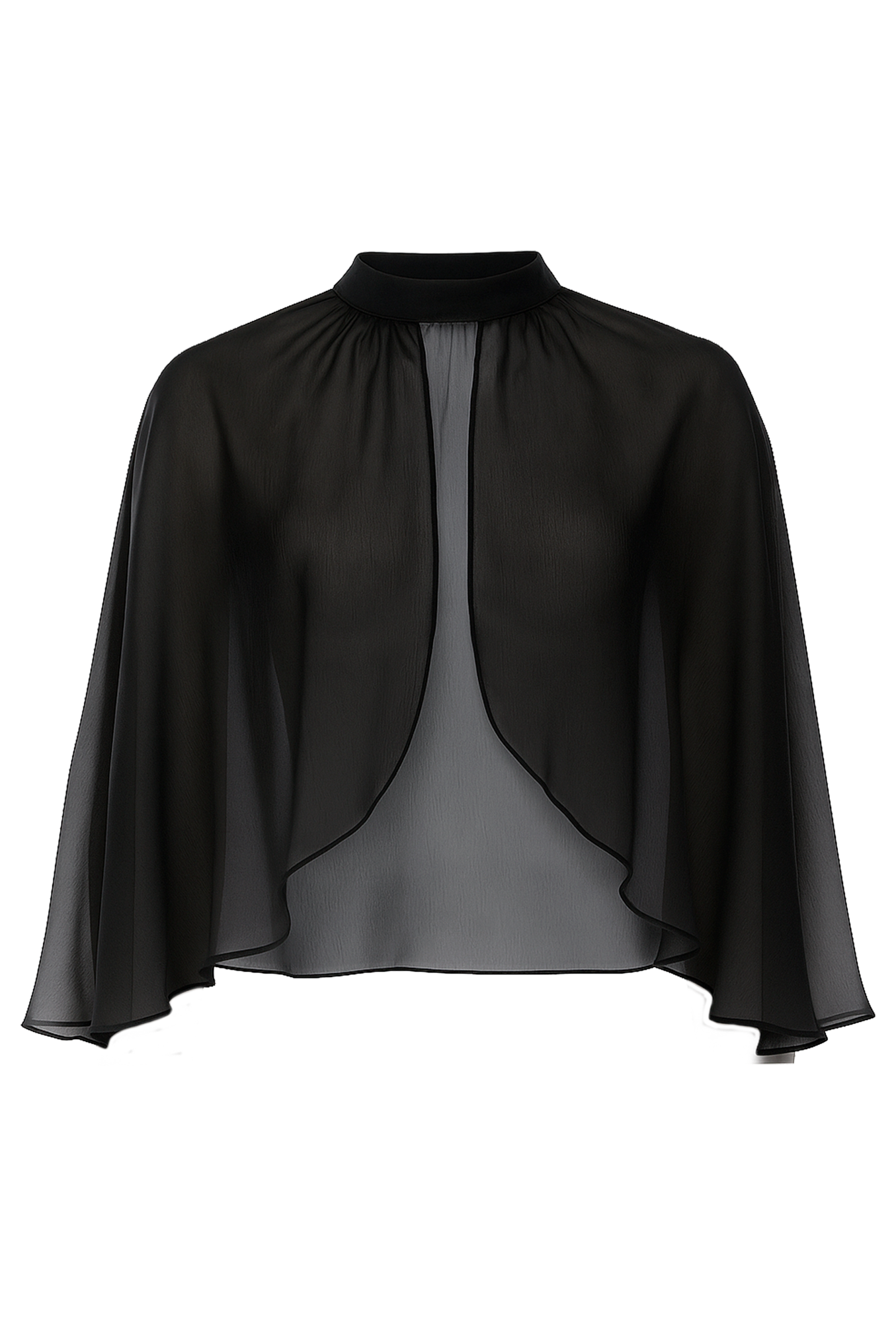 Black sheer blouse with a high stand-up collar and layered, draped panels over a gray underlayer.