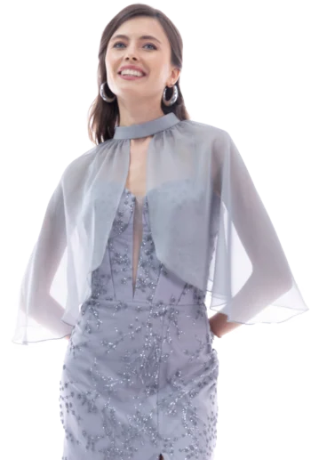 Capa gris de chiffon con cuello mao, ideal para complementar un vestido de noche - Massima
