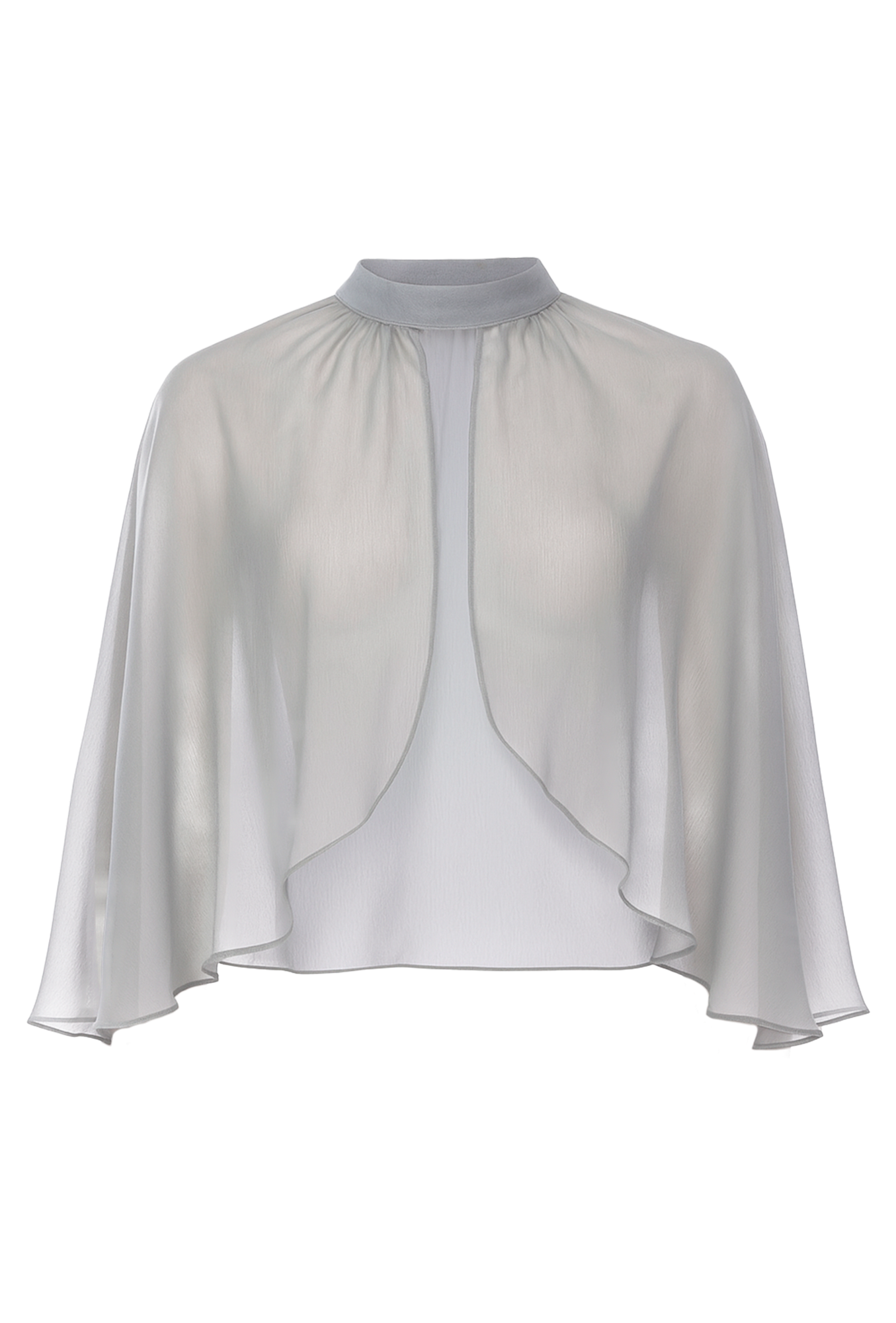 White blouse with a high collar and cascading draped front panels, long flowing sleeves