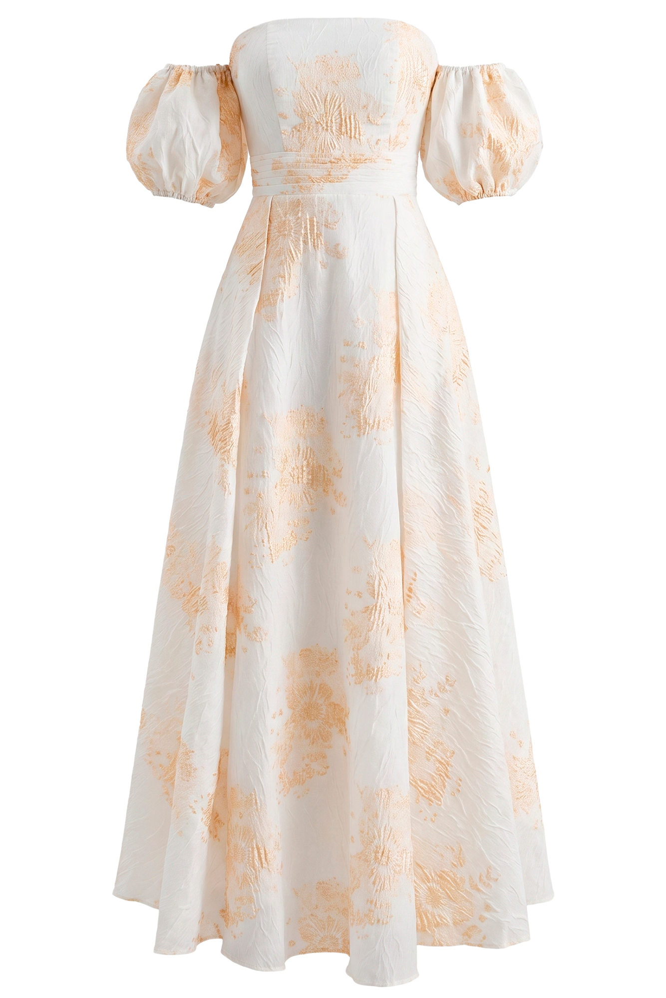 Back view of a white off-shoulder gown with peach floral print and large puff sleeves.