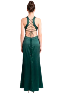 Back view of a woman wearing a green dress with a crisscross lace-up back, tied at the lower back.