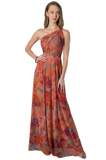 Vestido largo de un hombro estampado shedron con talle drapeado y falda circular, ideal para boda de jardín - Massima