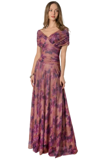 Vestido largo off shoulder en mesh estampado malva, con acabado mate y stretch
