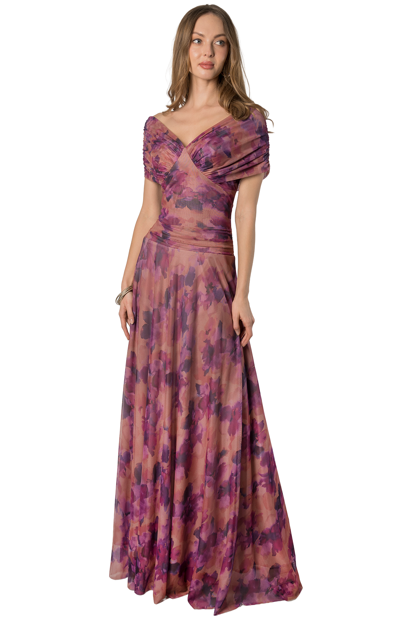 Vestido largo off shoulder en mesh estampado malva, con acabado mate y stretch