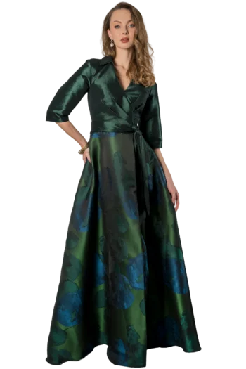Vestido largo en tafetán stretch verde