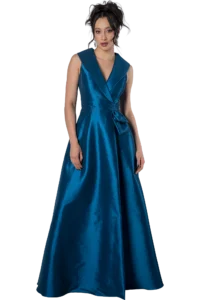 Vestido largo petróleo con solapa cruzada tipo chal, ideal para mamá del novio o madrina - Massima