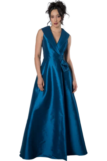Vestido largo petróleo con solapa cruzada tipo chal, ideal para mamá del novio o madrina - Massima