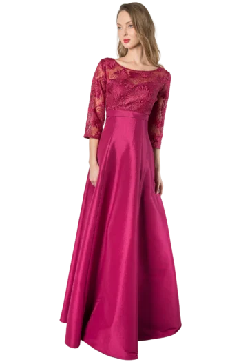 Vestido Mamá de la Novia Fucsia con escote redondo con transparencia bordada