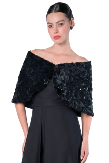 Estola negra de peluche con lentejuela y escote en V, ideal para complementar un vestido de gala - Massima