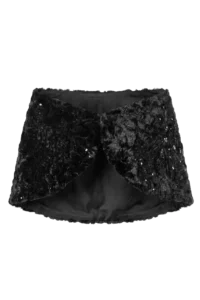 Close-up view of a black sequin-covered garment with a textured, plush finish and a dark inner lining; appears to be a skirt or shorts with a wide waistband.