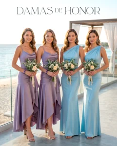 Four bridesmaids in lavender and light blue dresses holding bouquets on a seaside terrace.