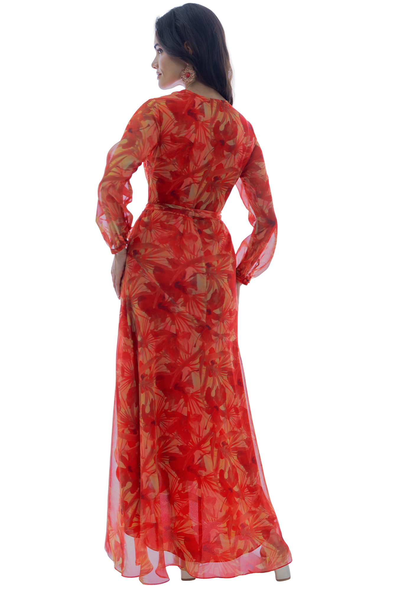 Vestido fiesta coctel manga larga rojo con espalda cubierta modelo 9087.