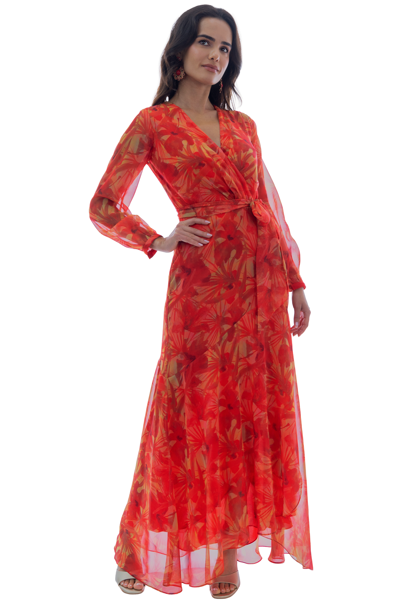 Vestido fiesta coctel manga larga en chiffon rojo estampado floral vista frontal.