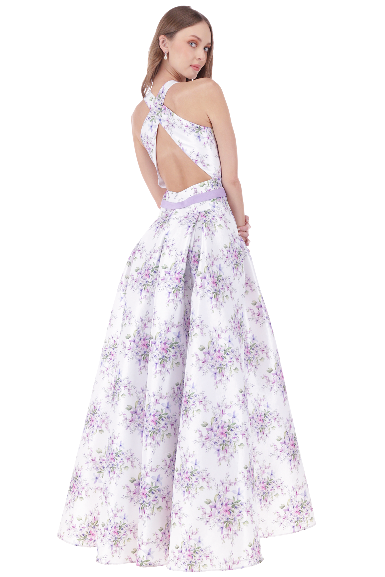 Vestido largo estampado floral para madrina con escote cruzado en la espalda modelo 9312.