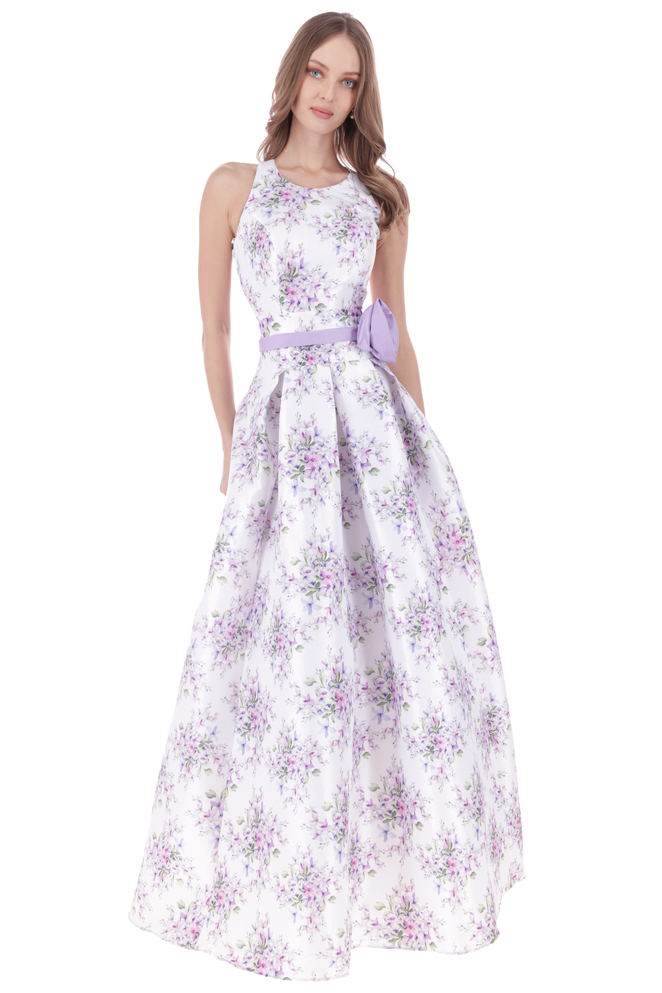Vestido largo estampado floral para madrina en tafeta blanca con fajilla lila vista frontal.