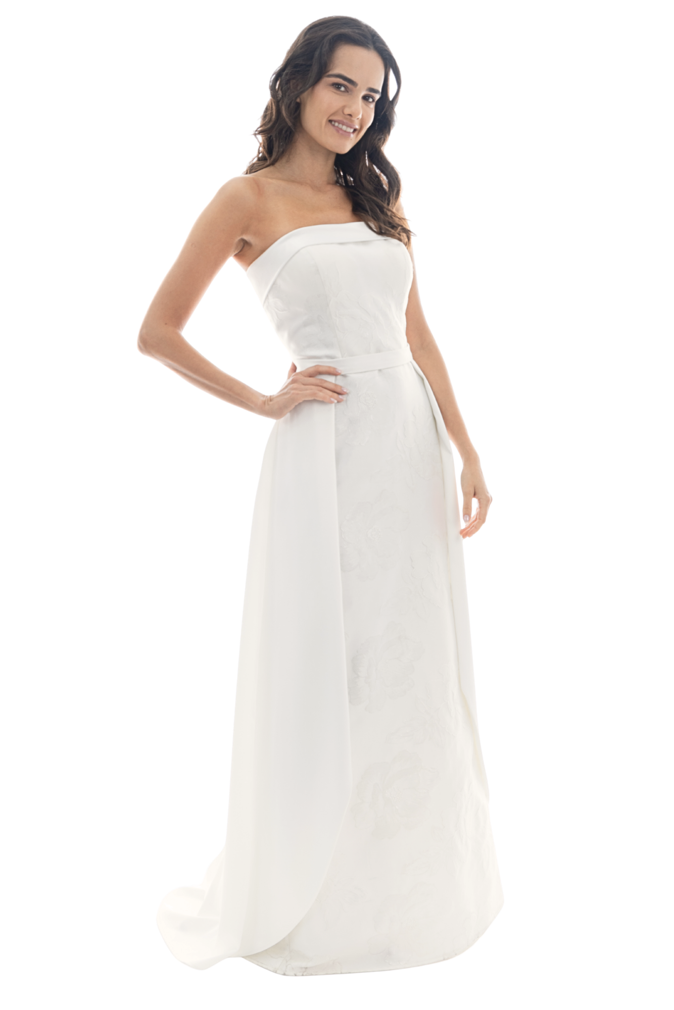 vestido de novia strapless minimalista con cauda