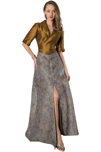 Vestido para mamá del novio bronce con solapa estilo chal y falda amplia - Massima