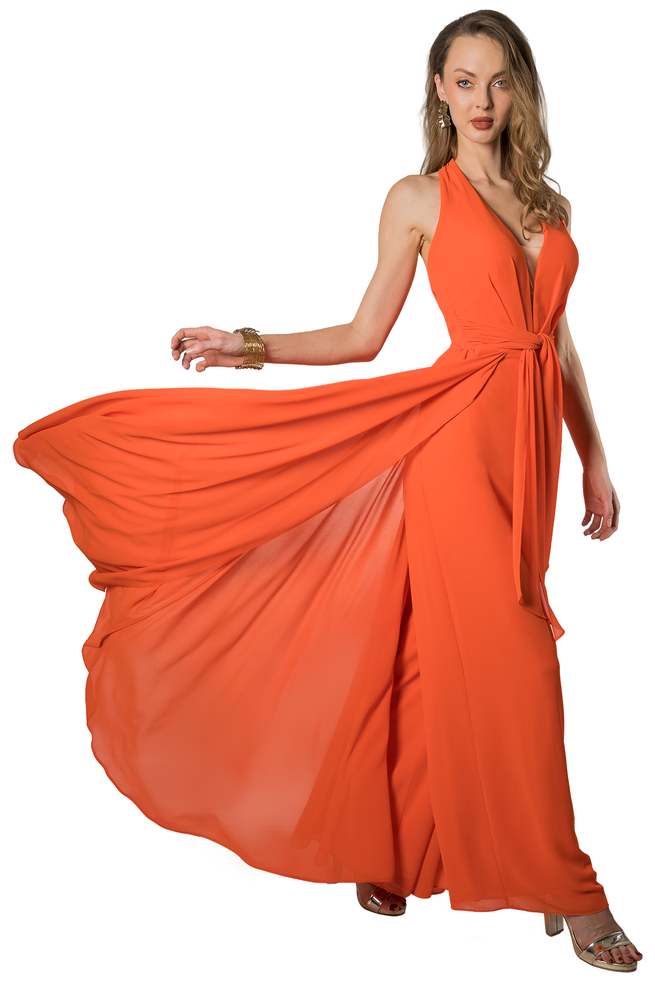 Jumpsuit halter naranja con nudo al frente y sobrefalda de chiffón - Massima